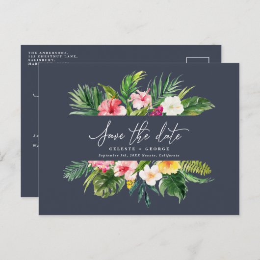 熱帯の水色の葉のスクリプトにより、日付が保存されます。 案内ポストカード (正面/裏面)