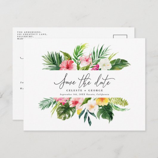 熱帯の水色の葉のスクリプトにより、日付が保存されます。 案内ポストカード (正面/裏面)