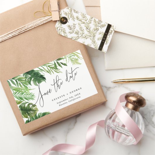 熱帯の水色の葉のフローラは日付を保存 長方形シール (ギフト)