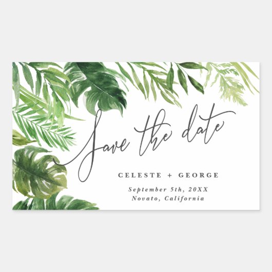 熱帯の水色の葉のフローラは日付を保存 長方形シール (正面)