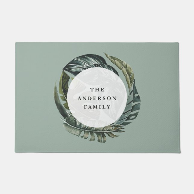 熱帯の水色の葉のフローラホームの装飾 ドアマット (正面)