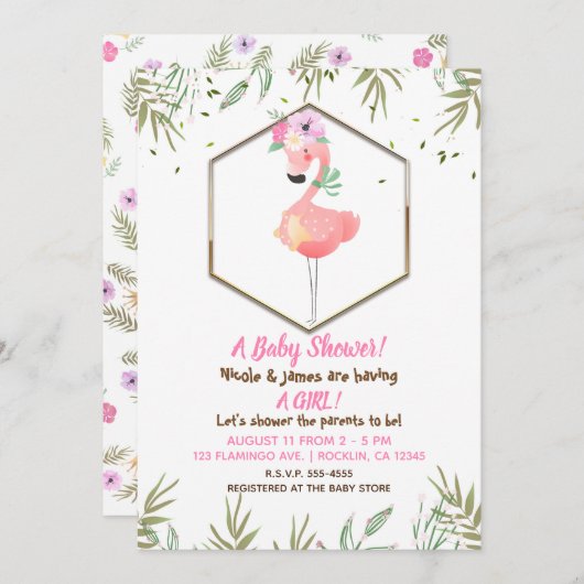 熱帯の水色ピンクのフラミンゴ赤ちゃんシャワー 招待状 (正面/裏面)