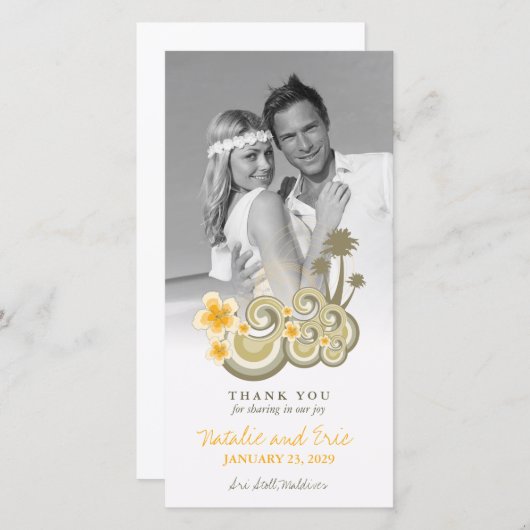 熱帯の波イエローハイビスカスヤシ結婚の木 サンキューカード (正面/裏面)