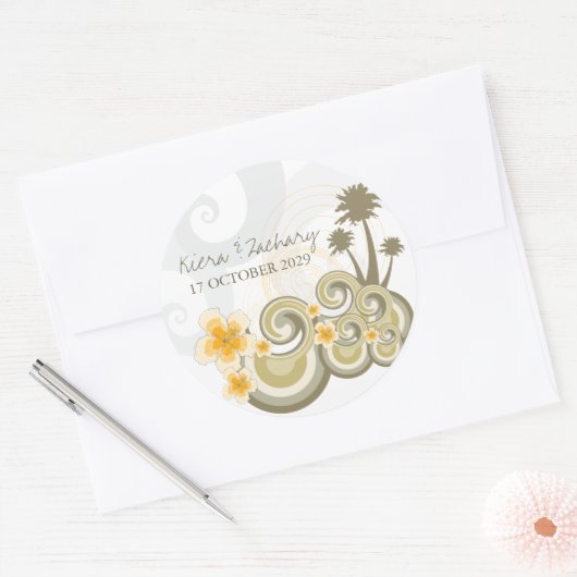 熱帯の波イエローハイビスカス目的地の結婚式 ラウンドシール (封筒)