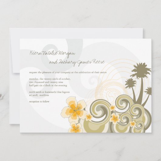 熱帯の波イエローハイビスカス目的地の結婚式 招待状 (正面)