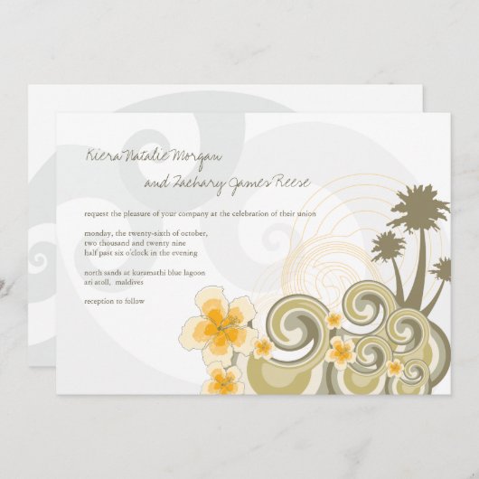 熱帯の波イエローハイビスカス目的地の結婚式 招待状 (正面/裏面)