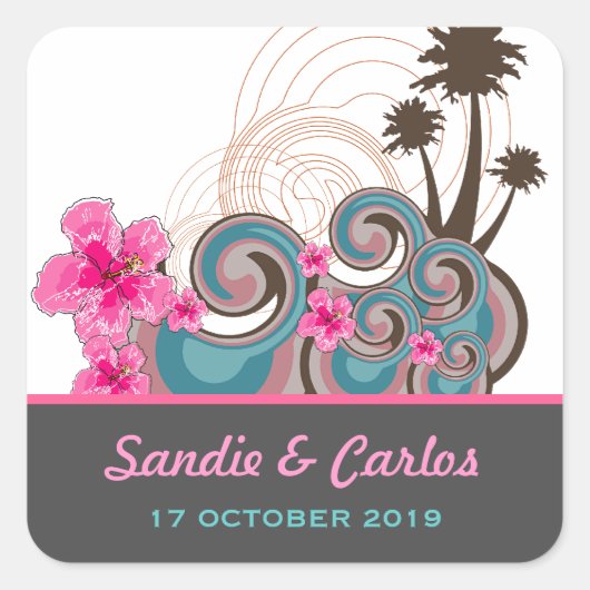 熱帯の波ピンクのハイビスカス目的地の結婚式 スクエアシール (正面)