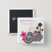 熱帯の波ピンクのハイビスカス目的地の結婚式 缶バッジ (正面&裏面)