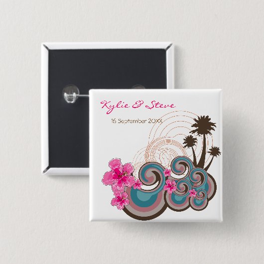 熱帯の波ピンクのハイビスカス目的地の結婚式 缶バッジ (正面&裏面)