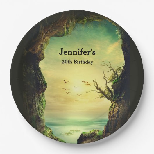 熱帯の海を見下ろす洞窟フォト誕生日 ペーパープレート (正面)