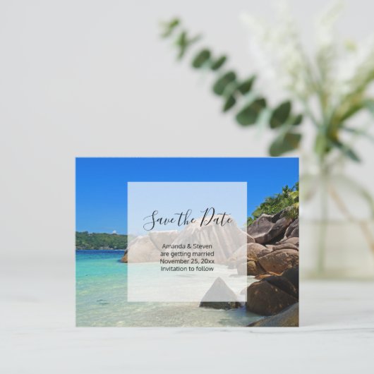 熱帯の海ロッキー海岸の結婚式の日付を除く インビテーションポストカード (スタンド正面)