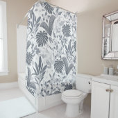 熱帯の灰色の葉のフローラ白色パターン シャワーカーテン (インサイチュ)