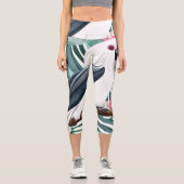 熱帯の白いオウム模様 カプリレギンス (正面)