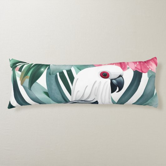 熱帯の白いオウム模様 ボディピロー (正面)