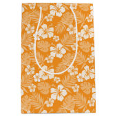 熱帯の白いハイビスカスの花があるオレンジ ミディアムペーパーバッグ (正面)