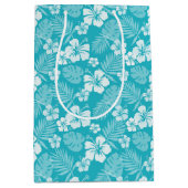 熱帯の白いハイビスカスの花を持つターコイズ ミディアムペーパーバッグ (正面)