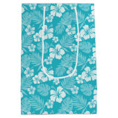 熱帯の白いハイビスカスの花を持つターコイズ ミディアムペーパーバッグ (裏面)