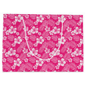 熱帯の白いハイビスカスの花を持つホットピンク ラージペーパーバッグ (裏面)
