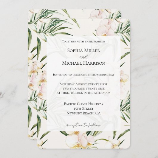 熱帯の白いランの結婚花 招待状 (正面/裏面)