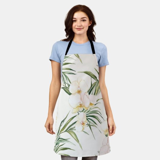 熱帯の白い蘭の花 エプロン (着用した状態)
