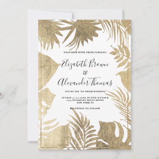 熱帯の白金ゴールドの葉の枠のフローラ 招待状 (正面)
