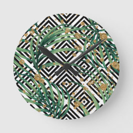 熱帯の白黒ジオメトリ金ゴールドグリッター ラウンド壁時計