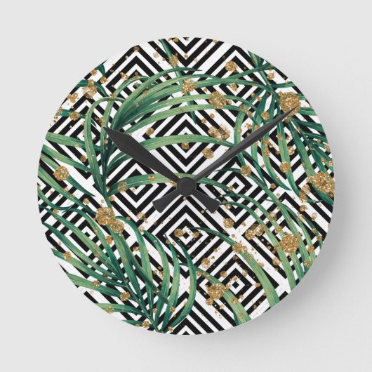 熱帯の白黒ジオメトリ金ゴールドグリッター ラウンド壁時計 (正面)