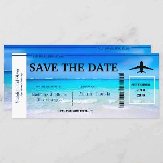 熱帯の目的地のブルーウェディング日付を保存 (正面/裏面)