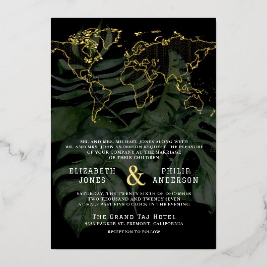 熱帯の目的地の世界地図結婚すべて 箔招待状 (正面)