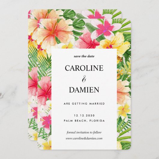 熱帯の目的地の結婚式のフローラ日付を保存 招待状 (正面/裏面)