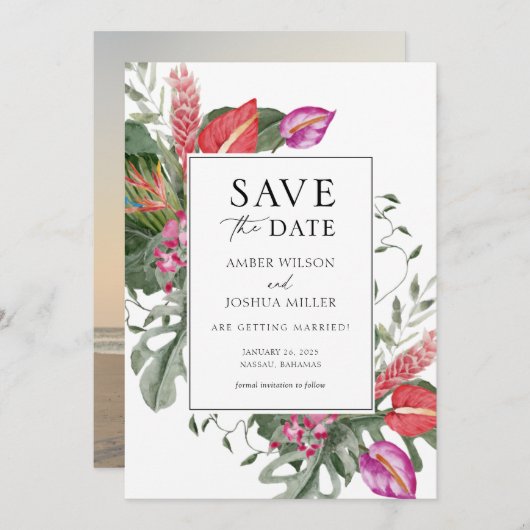 熱帯の目的地の結婚式の写真の保存日付 招待状 (正面/裏面)