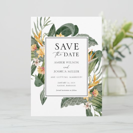熱帯の目的地の結婚式の写真の保存日付 招待状 (スタンド正面)