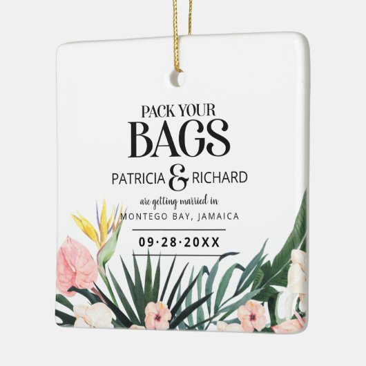 熱帯の目的地の結婚式の日付を保存 セラミックオーナメント (左)