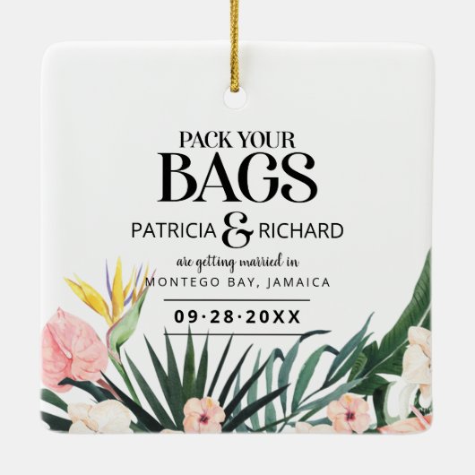 熱帯の目的地の結婚式の日付を保存 セラミックオーナメント (裏面)