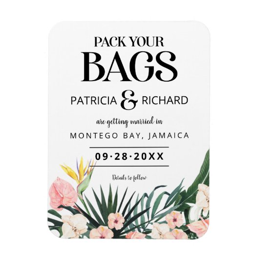 熱帯の目的地の結婚式の日付を保存 マグネット (縦)