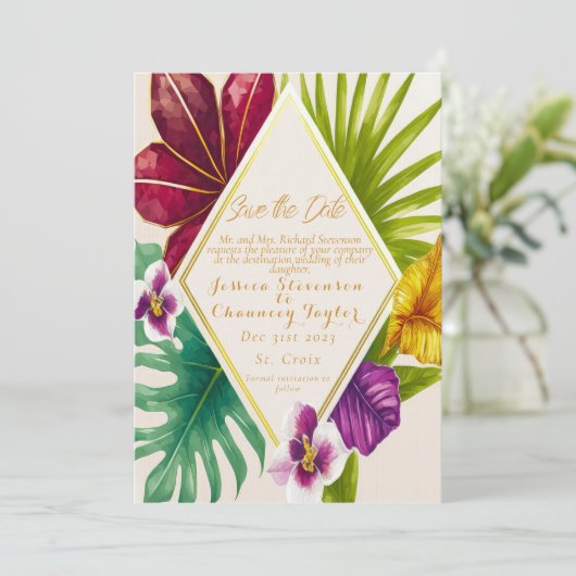 熱帯の目的地の結婚式の日付を保存 招待状 (スタンド正面)