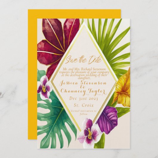 熱帯の目的地の結婚式の日付を保存 招待状 (正面/裏面)