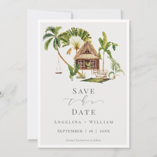 熱帯の目的地の結婚式の日付を保存 招待状 (正面)