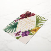 熱帯の目的地の結婚式の日付を保存 箔招待状 (回転した状態)