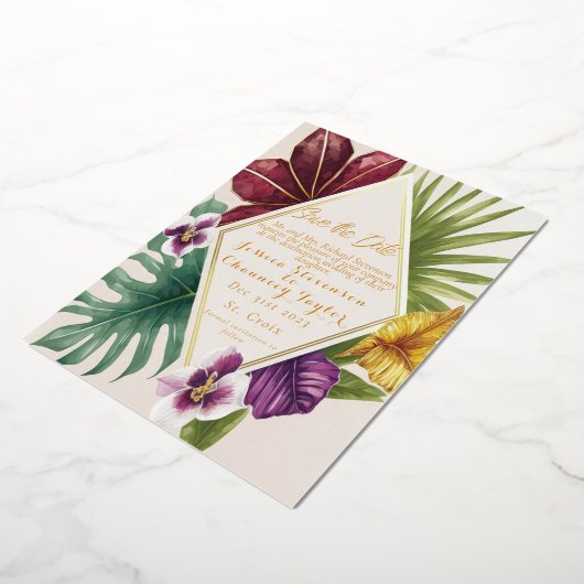 熱帯の目的地の結婚式の日付を保存 箔招待状 (回転した状態)