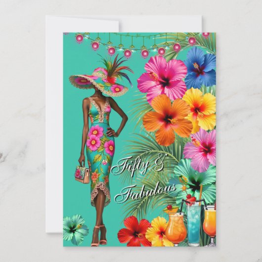 熱帯の素晴らしい50歳の誕生日カラフルハイビスカス 招待状 (正面)