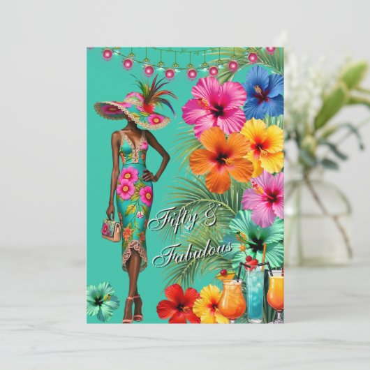 熱帯の素晴らしい50歳の誕生日カラフルハイビスカス 招待状 (スタンド正面)