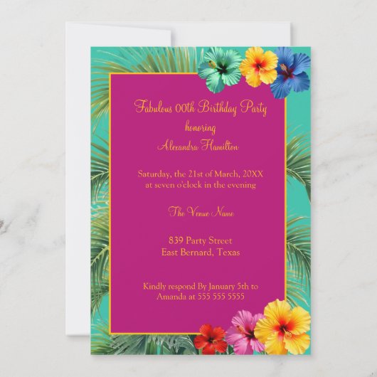 熱帯の素晴らしい50歳の誕生日カラフルハイビスカス 招待状 (裏面)