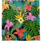 熱帯の紫と緑の植物花 シャワーカーテン (正面)