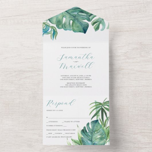 熱帯の結婚ヤシモダンの全てが一招待状 オールインワン招待状 (内側)