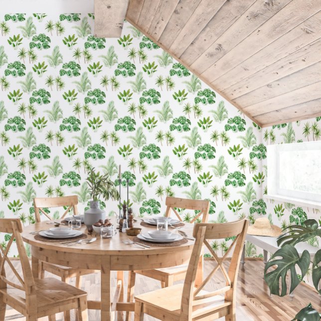 熱帯の緑が白いパターン 壁紙 (Tropical Greenery Pattern on White Wallpaper)