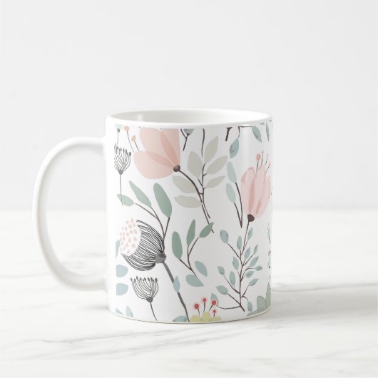 熱帯の緑とピンクの花と葉柄 コーヒーマグカップ (左)