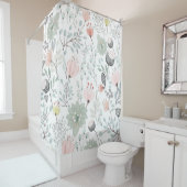 熱帯の緑とピンクの花と葉柄 シャワーカーテン (インサイチュ)