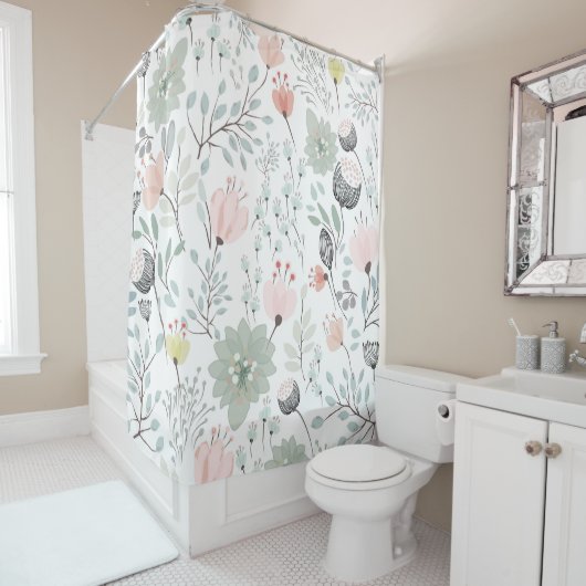 熱帯の緑とピンクの花と葉柄 シャワーカーテン (インサイチュ)