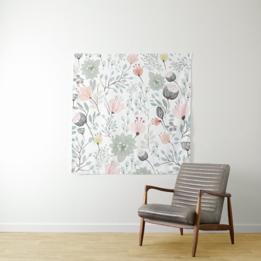 熱帯の緑とピンクの花と葉柄 タペストリー (インサイチュ)